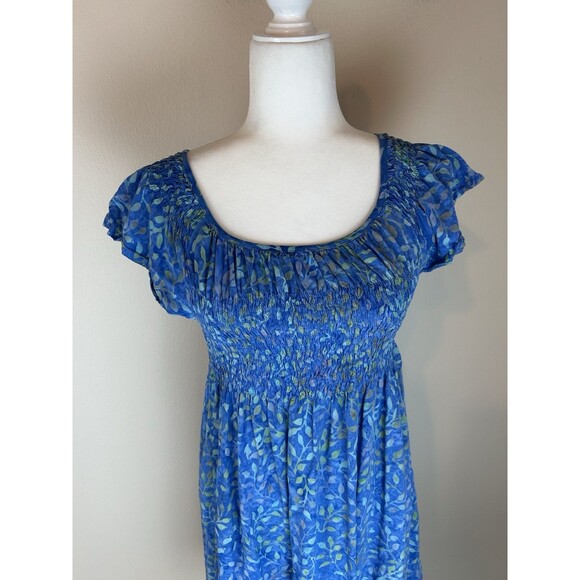 GO FISH Dress Small S Smocked Batik Beach Hippie Boho Blue Short Sleeve Floral - Picture 2 of 4